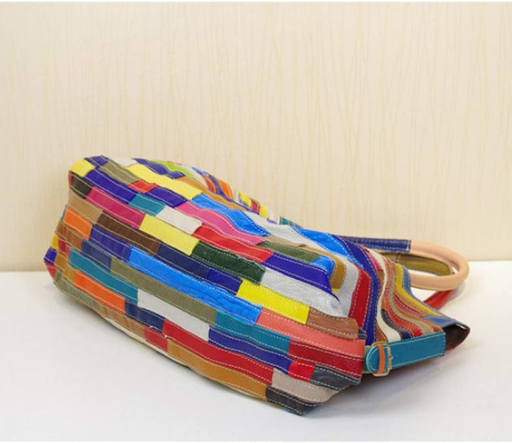 Segater® Damen Multicolor Einkaufstasche Echtes Leder Handtasche Bunte Patchwork Grosse Umhängetasch