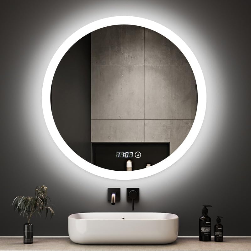 Boromal LED Badspiegel Rund mit Beleuchtung 60x60cm LED Runder Spiegel mit Uhr 3000K-6500K 1810LM Ba