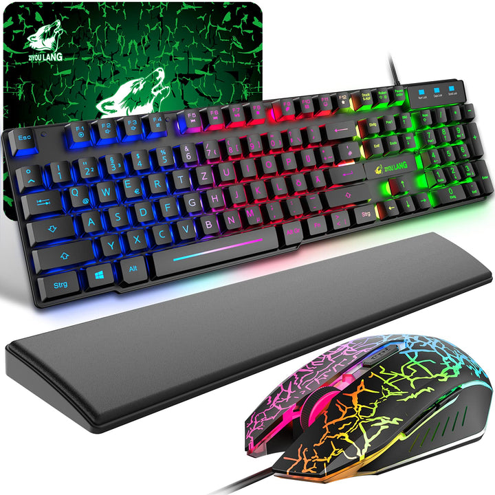 Gaming Tastatur und Maus mit Handballenauflage, QWERTZ Deutsches Layout Regenbogen LED Hintergrundbe
