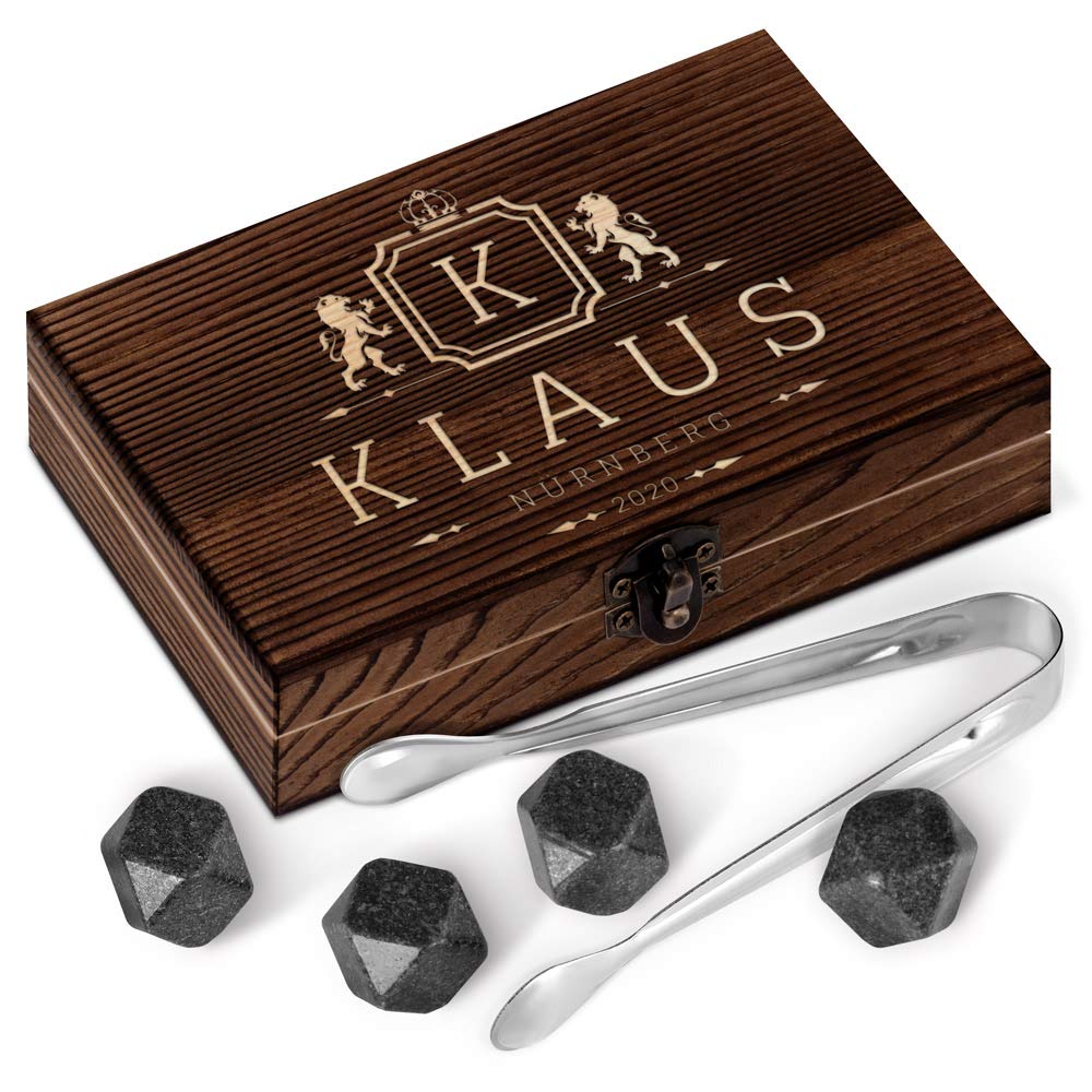 Maverton Whisky Steine Set - in Holzbox mit Gravur - 6 Eiswürfel + Zange + Velourbeutel - wiederverw