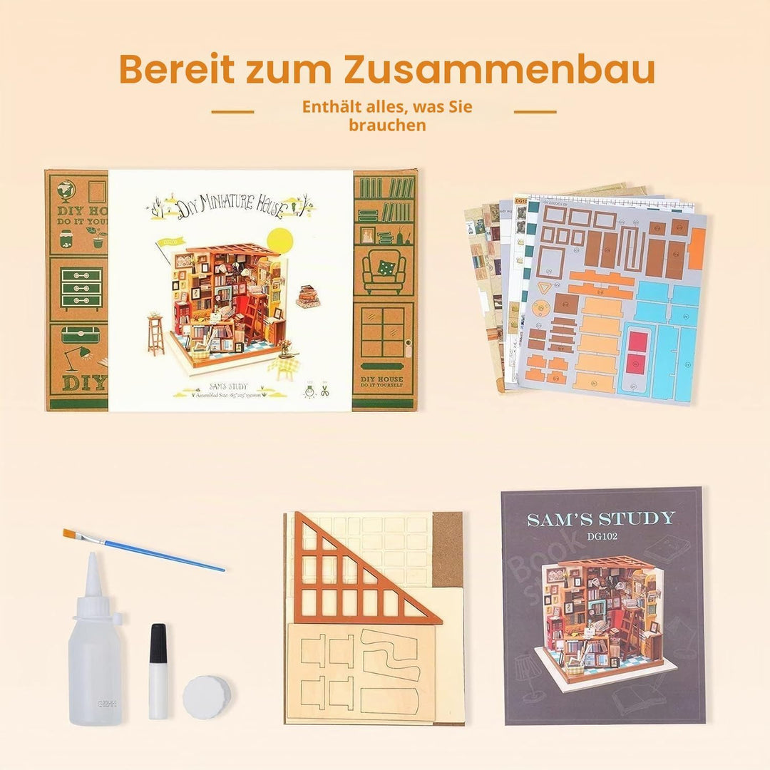 RoWood DIY Miniatur Haus Buchhandlung Puppenhaus mit Licht, DIY Mini Holz Haus Modell Set, Bastelset