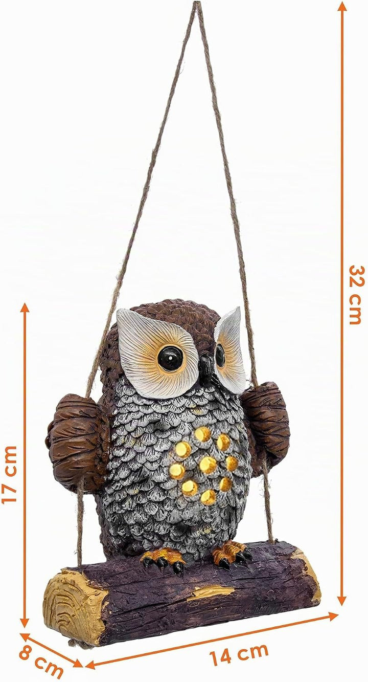 Spetebo Solar Gartenfigur Eule auf Schaukel zum Hängen - 17 x 14 cm - Eulenfigur warm weiss beleucht