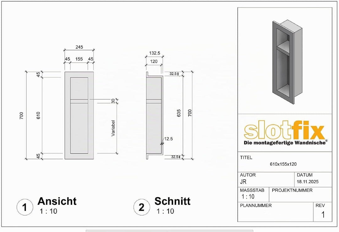 Slotfix® befliesbare montagefertige Wandnische 60x14x12cm für Toilettenpapier Toilettenbürste Klobür