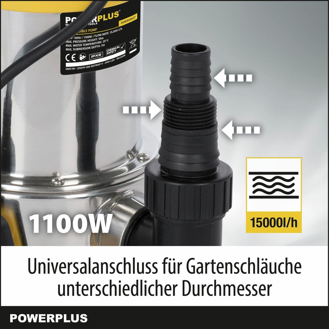 Powerplus Elektrische Wasserpumpe POWXG9537-1100 W Unterwasserpumpe, Maximaltemperatur 35°C und Förd