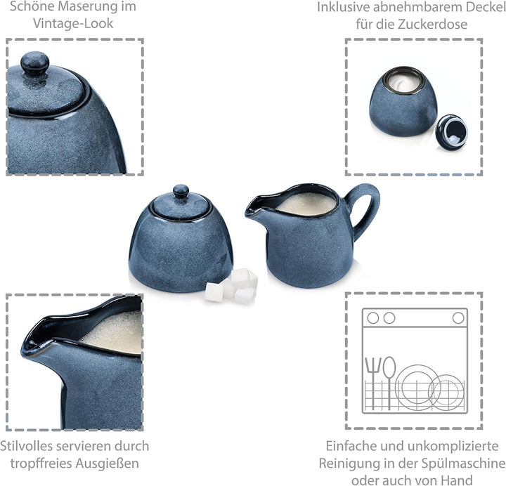 Sänger | Milch und Zucker Set Darwin 3 TLG, Zuckerdose und Milchkännchen Set Steingut, Zuckerdose mi