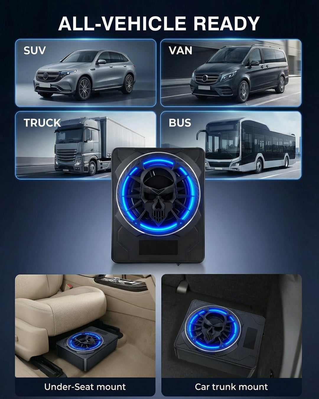 Aktiver Subwoofer für Auto, unter den Sitzen montierbar, maximale Leistung 1200W, 10 Zoll, integrier