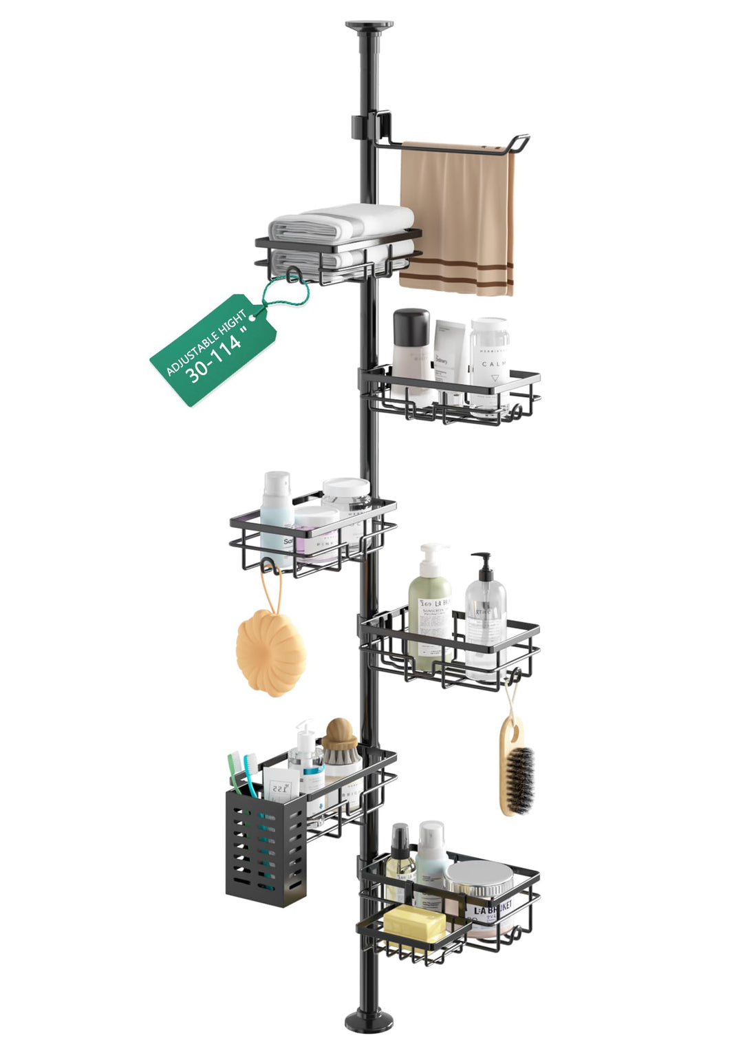 Mixoo Teleskop Duschregal-Duschablage Ohne Bohren mit 6 Stück Duschkorb, 30.5-111.9in Teleskopregal