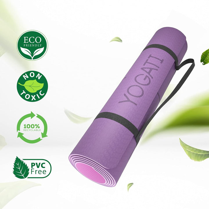 YOGATI Yogamatte rutschfest Schadstofffrei, mit Tragegurt. Yoga Matte mit Ausrichtungslinien. Ideal