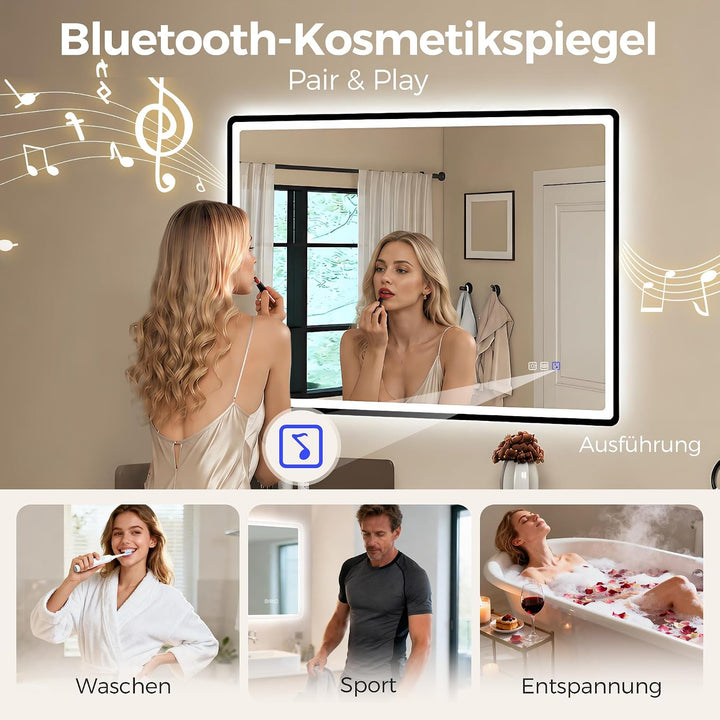 STARLEAD 80x60cm Schwarz LED-Badezimmerspiegel-mit-Beleuchtung und Bluetooth, Entfoggen, Dimmbar, 3
