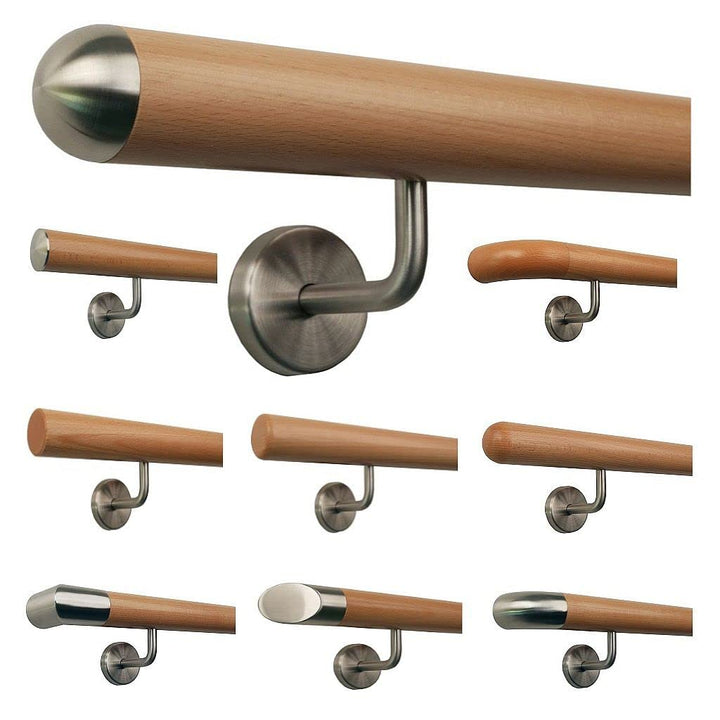 TIBU Buche Geländer Handlauf Treppe Holz Griff gew. Edelstahlhalter, Länge 30 - 500 cm aus einem Stü