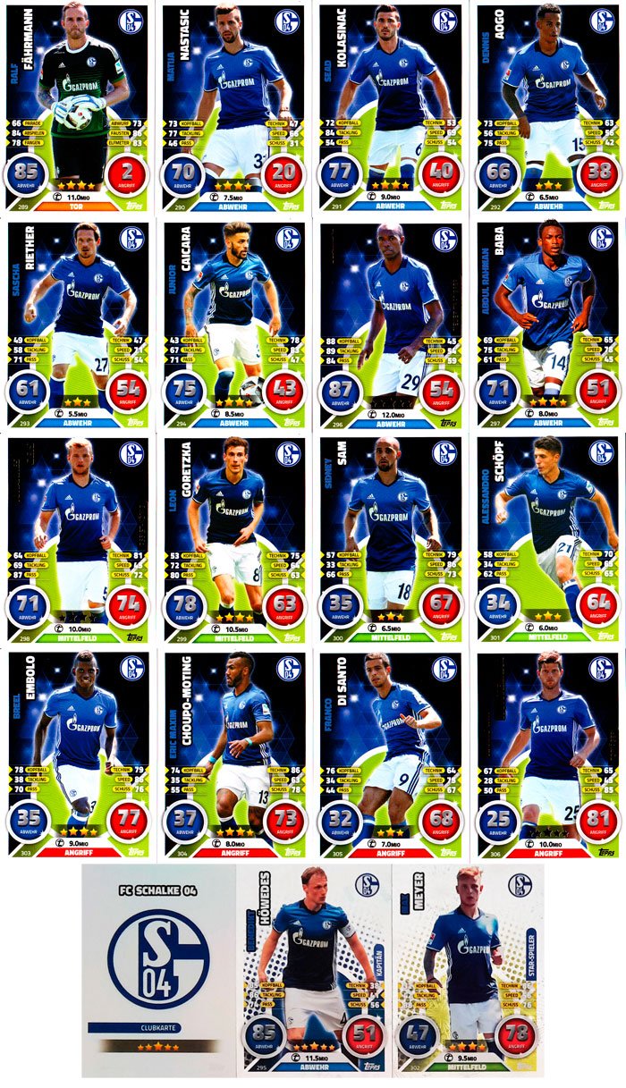 Match Attax Bundesliga 2016 2017 - 19 Karten-Set FC Schalke 04 Basiskarten Clubkarte Kapitän Starspi