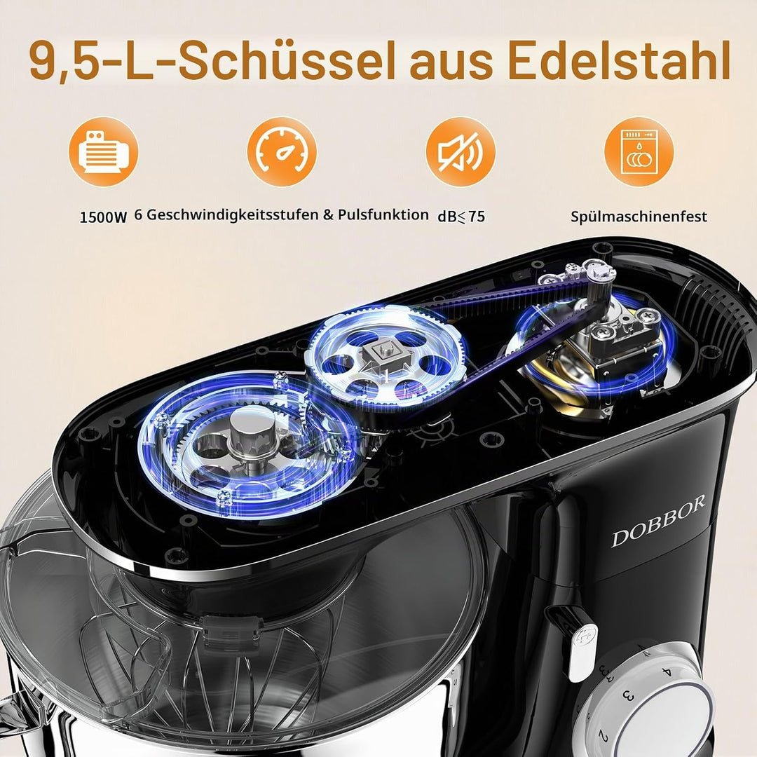 9.5L Küchenmaschine Knetmaschine 1500W, DOBBOR Rührmaschine mit Rührbesen, Knethaken, Schlagbesen, S