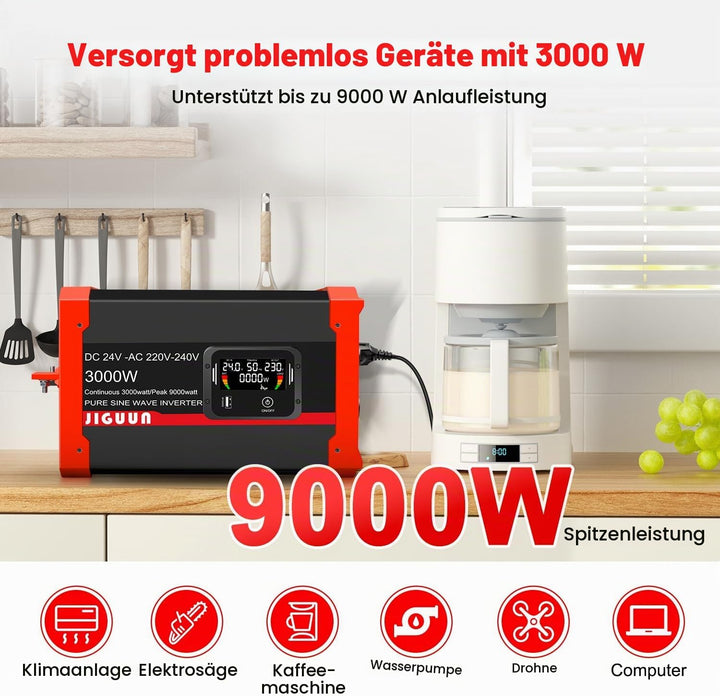 JIGUUN 2000W/4000W Reiner Sinus Spannungswandler 12V auf 220/230V- kfz Wechselrichter-Inverter Konve