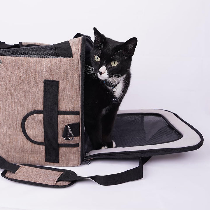 Transporttasche für Hund und Katze, atmungsaktiv, für Reisen, Belüftung, Seitentaschen, zwei Türen m