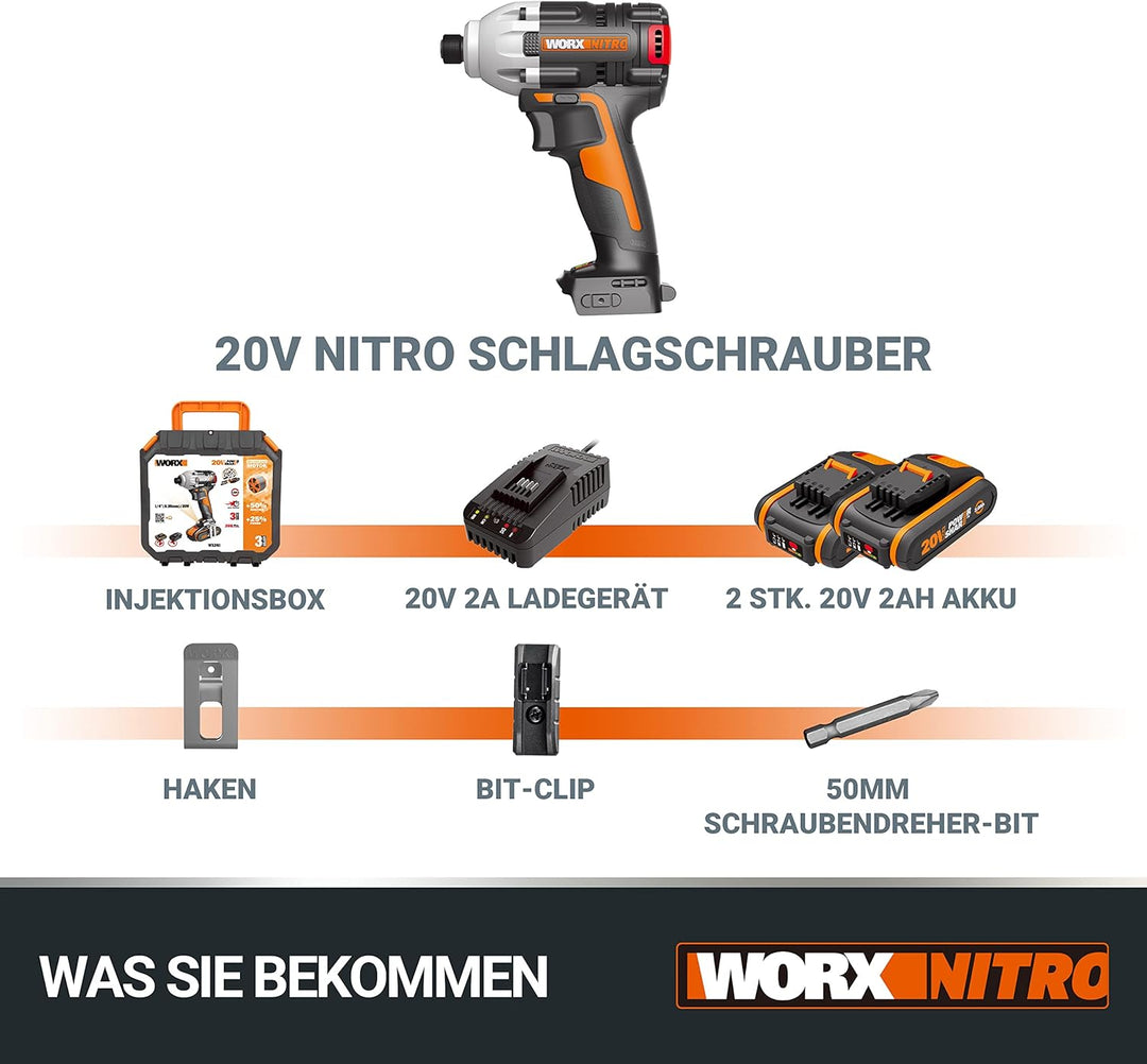 WORX WX261 Akku-Schlagschrauber 20V – Leistungsstarker, bürstenloser Akkuschrauber zum Schrauben – M