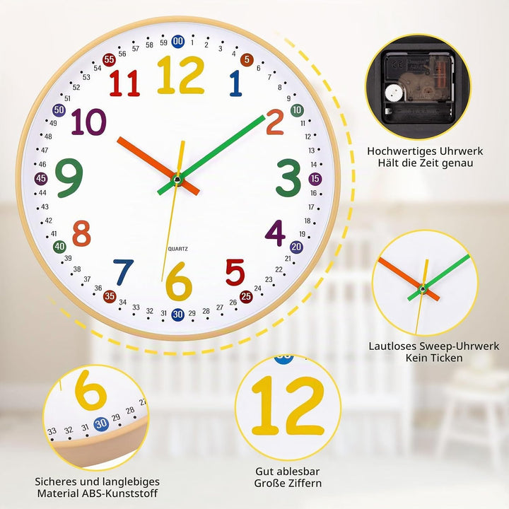 ACCSHINE Kinder Wanduhr ohne Tickgeräusche Lernuhr 30cm Bunt Zahlen Modern Quartz Lautlos Wanduhren