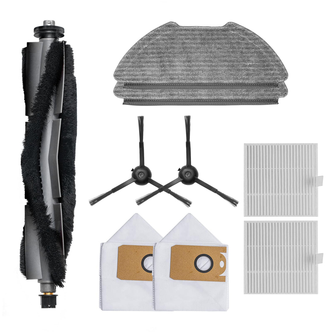 Zubehörset mit 1 x Hauptbürste, 2 x Seitenbürsten, 2 x HEPA-Filter, 2 x Wischtücher, 2 x Staubbeutel