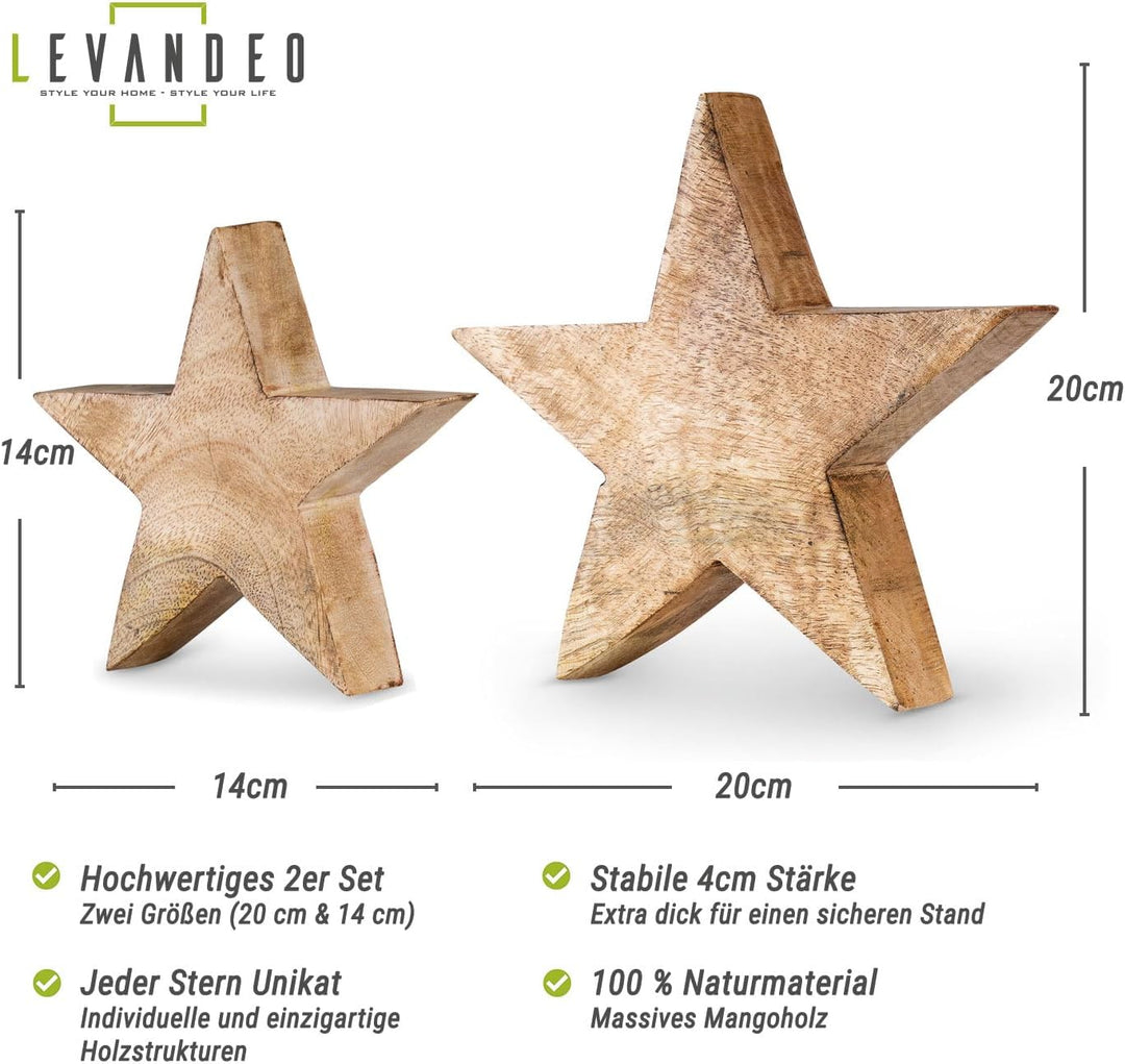 levandeo 2er Set Stern Holzstern Mango 14cm 20cm Mangoholz Braun Natur Deko Tischdeko Holzdeko Unika