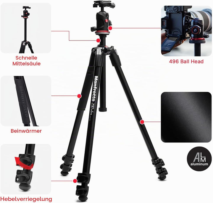 Manfrotto 290XTRA Kamerastativ Aluminium mit Kugelkopf 496, 3 Segmente, 4 Winkel, Schnellverschlüsse