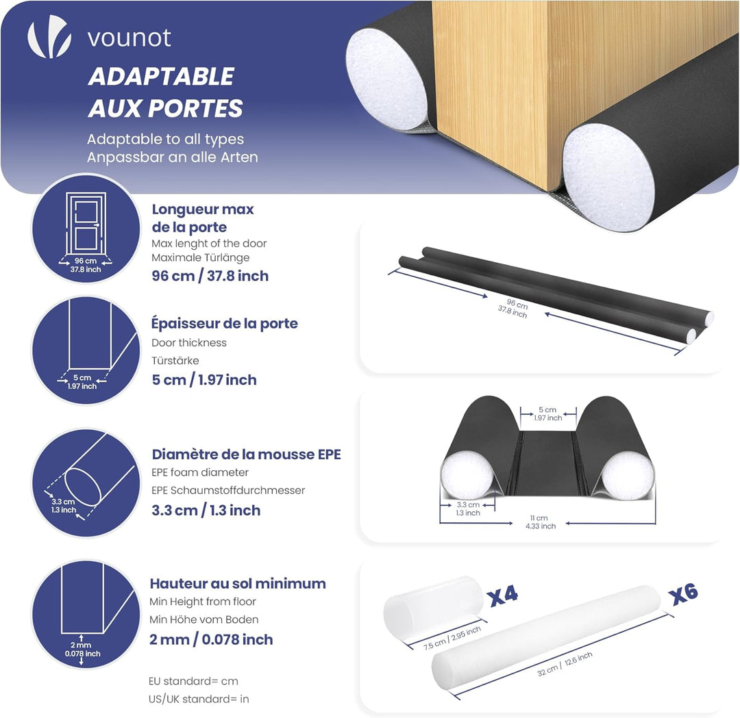 VOUNOT® 4er Set Zugluftstopper für Türen, Türdichtung unten mit Doppeldichtung, zuschneidbare Türbod