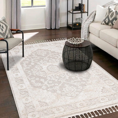 payé Teppich Wohnzimmer - Ornamente Bordüre - 80x150cm Creme - Fransen Deko Boho Flauschig - Cut & L