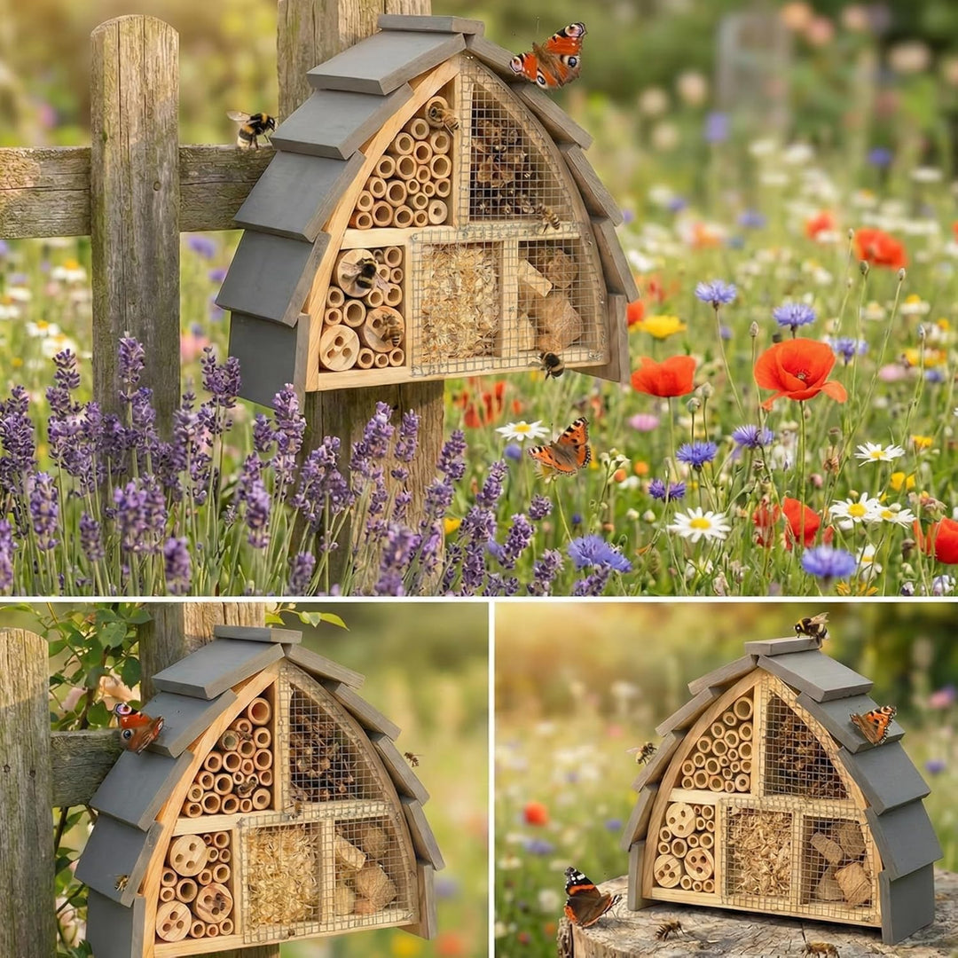 Insektenhotel wetterfest aus Holz – Bienenhotel mit Vogelschutz für Wildbienen &amp; Schmetterlinge – In