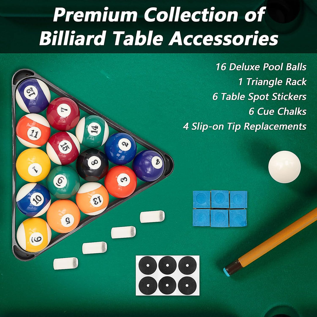 Billard Zubehör Set mit Kugeln, Dreieck, Kreide, Aufklebern & Ersatzspitzen – Komplettes Pool Tisch