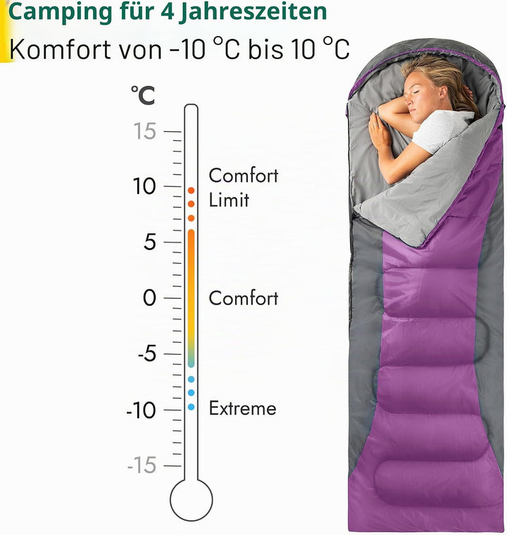 Trail-Alpin-Schlafsack mit Kapuze – 250 g Schlafsack, 3-Jahreszeiten- Schlafsack. Leicht, kleines Pa
