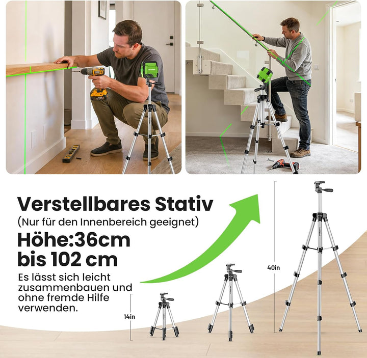 Huepar Kreuzlinienlaser mit 102 cm Stativ, 30 m Laser Wasserwaage Selbstnivellierendend, Linienlaser
