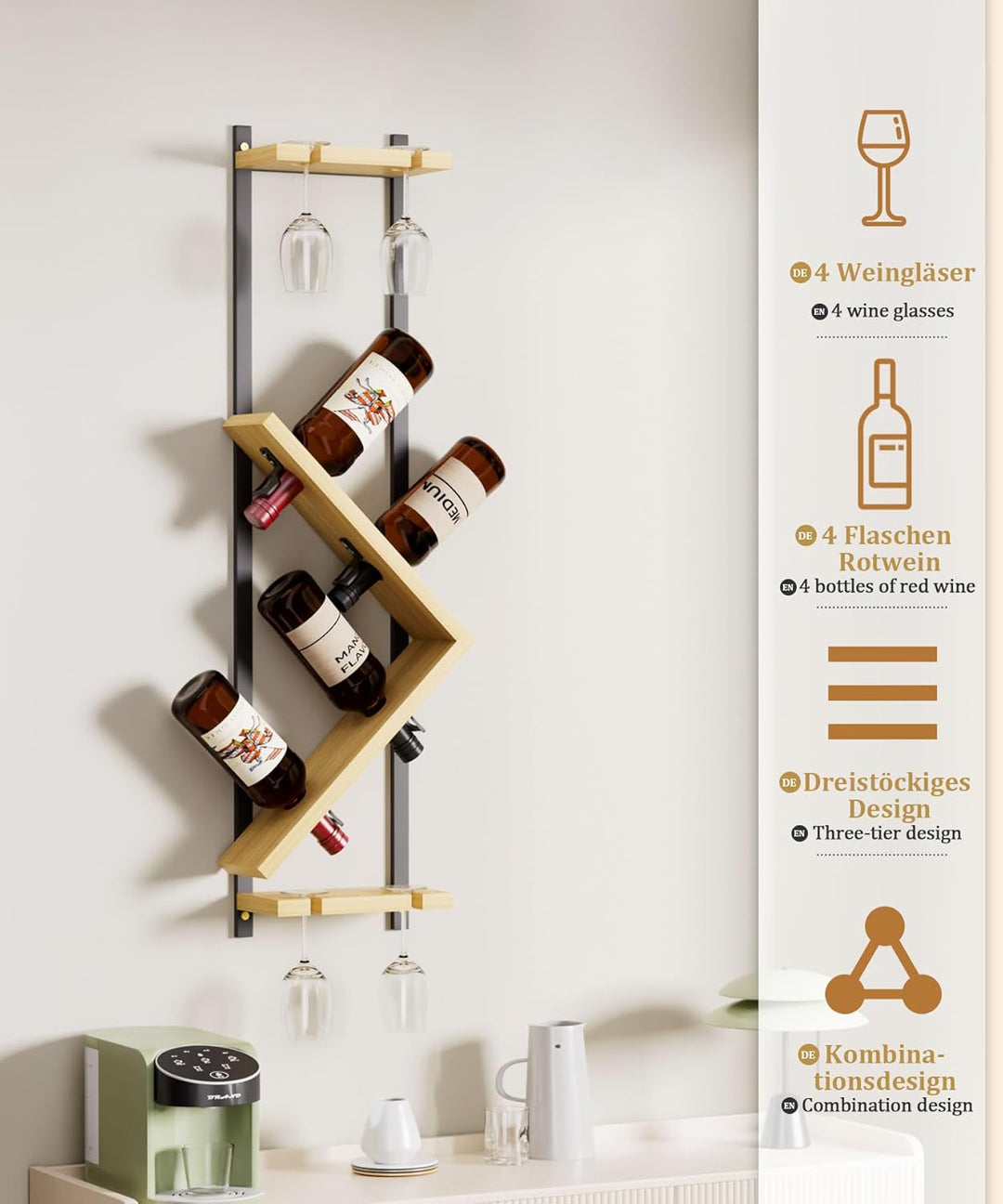 Yorbay Wand Holz Weinregal mit Glashalter: Schmales Design-Flaschenregal mit Metallrahmen für 4 Wein