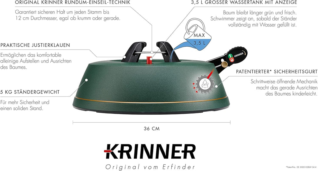 KRINNER Weihnachtsbaum Christbaumständer Comfort M Grün 36cm inkl. Fusspedal-und Einseiltechnik für