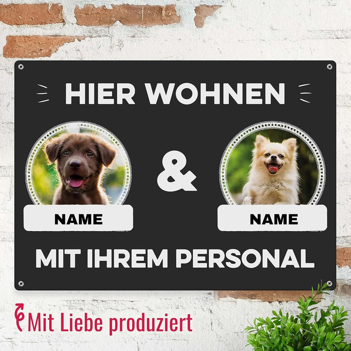 Hunde Schild personalisiert - Hier wohnt mit Personal - Metallschild mit Foto und Name für aussen, w