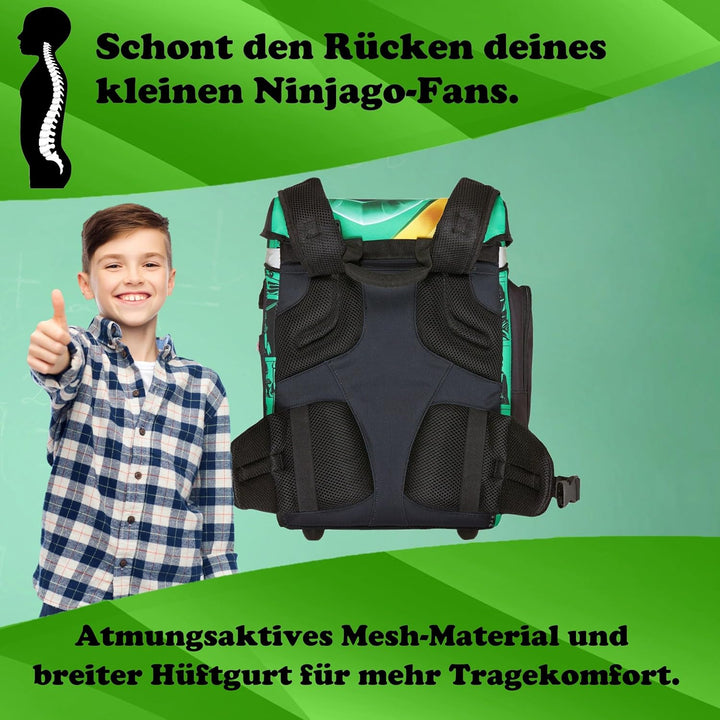 Familando - Schulranzen Set 9-teilig mit Sporttasche - Ninjago Grün - Ergonomisch, stabil & mit gepo