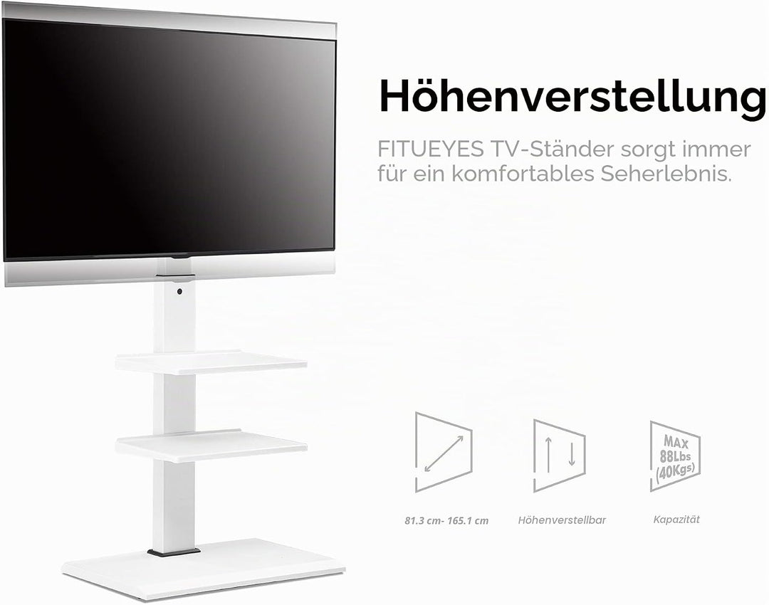 FITUEYES TV Ständer Weiss Serie-S 32-65 Zoll bis 40kg TV Halterung mit 3 Ablagen Fernsehständer in W