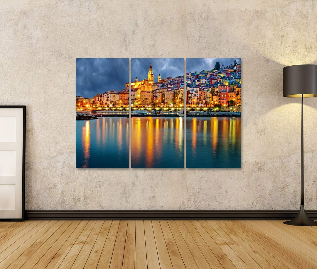 islandburner Bild auf Leinwand Provence Dorf Menton Nach Sonnenuntergang Bilder Wandbilder Poster Le