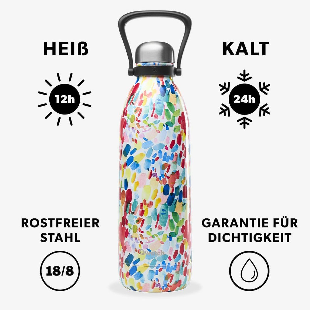 QWETCH - Grosse 1,5L Edelstahl Trinkflasche Arty Titan - Thermosflasche 48h Kalt & 16h Heiss - Ausla