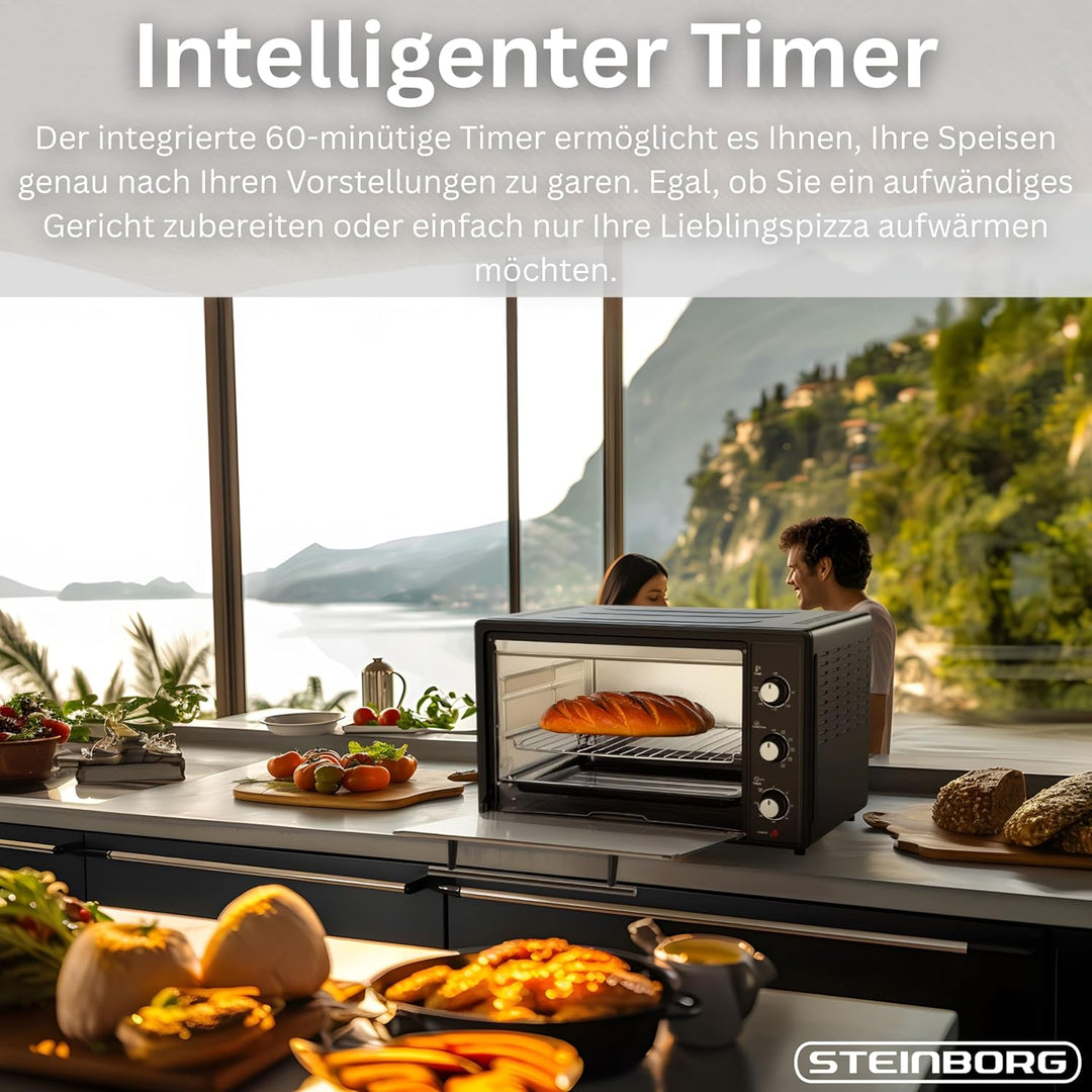 Steinborg® Mini Backofen 45 Liter mit Umluft & Drehspiess Elektrischer Minibackofen – Umluftofen mit