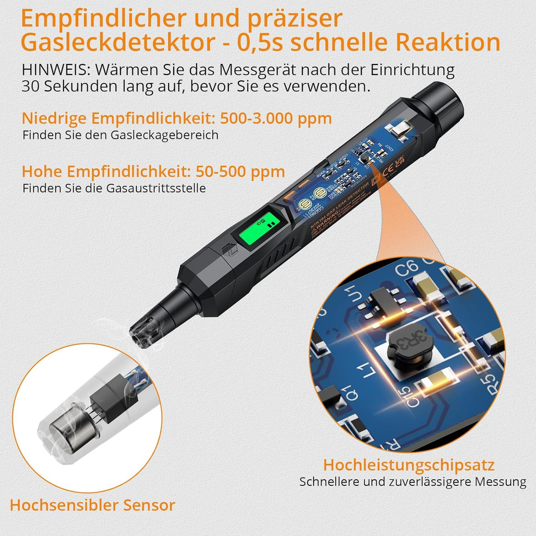 Neoteck Gasmelder Gaslecksuchgerät mit Visuellem und Akustischem Alarm Tragbarer Gasdetektor zum Auf