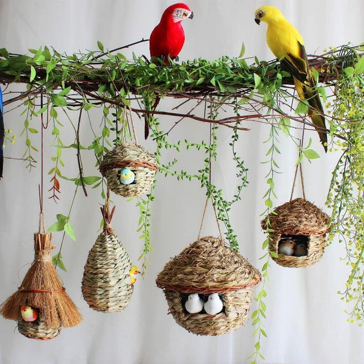 Gras Bird Nest, 2 Stück Handgewebtes Vogelnest aus Gras – Hängende Vogelhäuschen für Aussen & Käfig