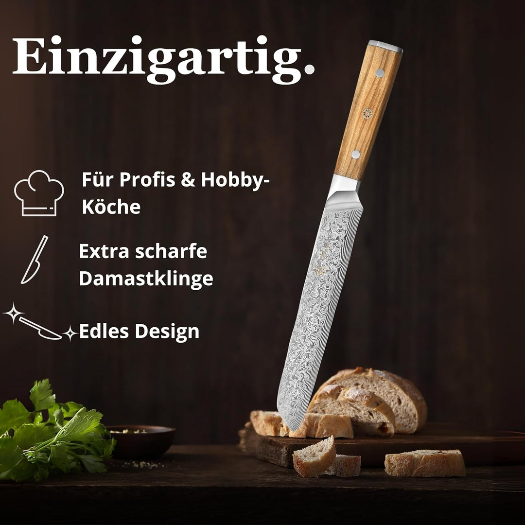 Wakoli Oribu Brotmesser 20 cm extrem scharfe Klinge aus 67 Lagen I Damast Küchenmesser und Profi Koc