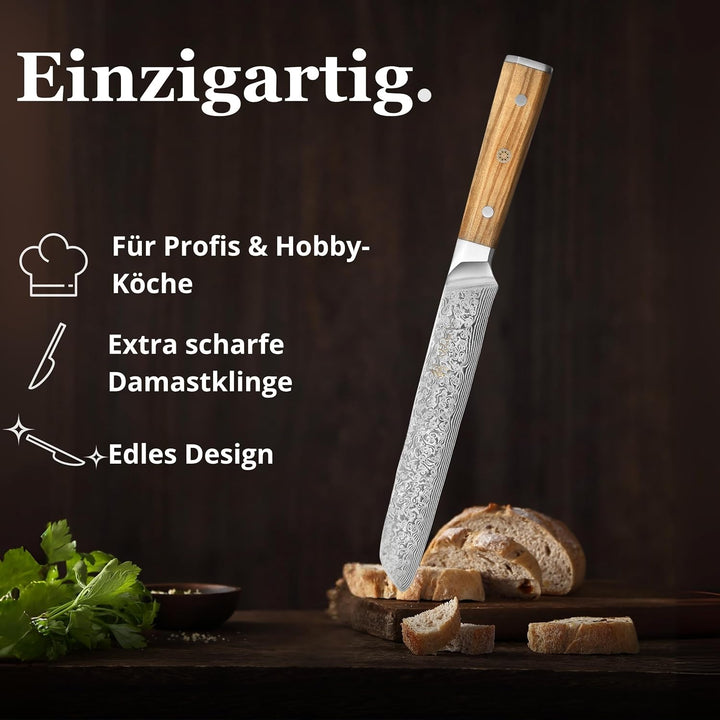 Wakoli Oribu Brotmesser 20 cm extrem scharfe Klinge aus 67 Lagen I Damast Küchenmesser und Profi Koc