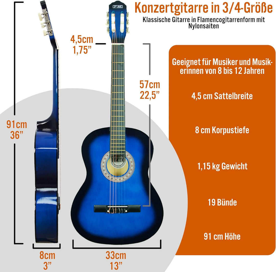 3rd Avenue 3/4 Flamencogitarren-Starterset in Kindergrösse mit Nylonsaiten – mit Tasche, Saiten – in