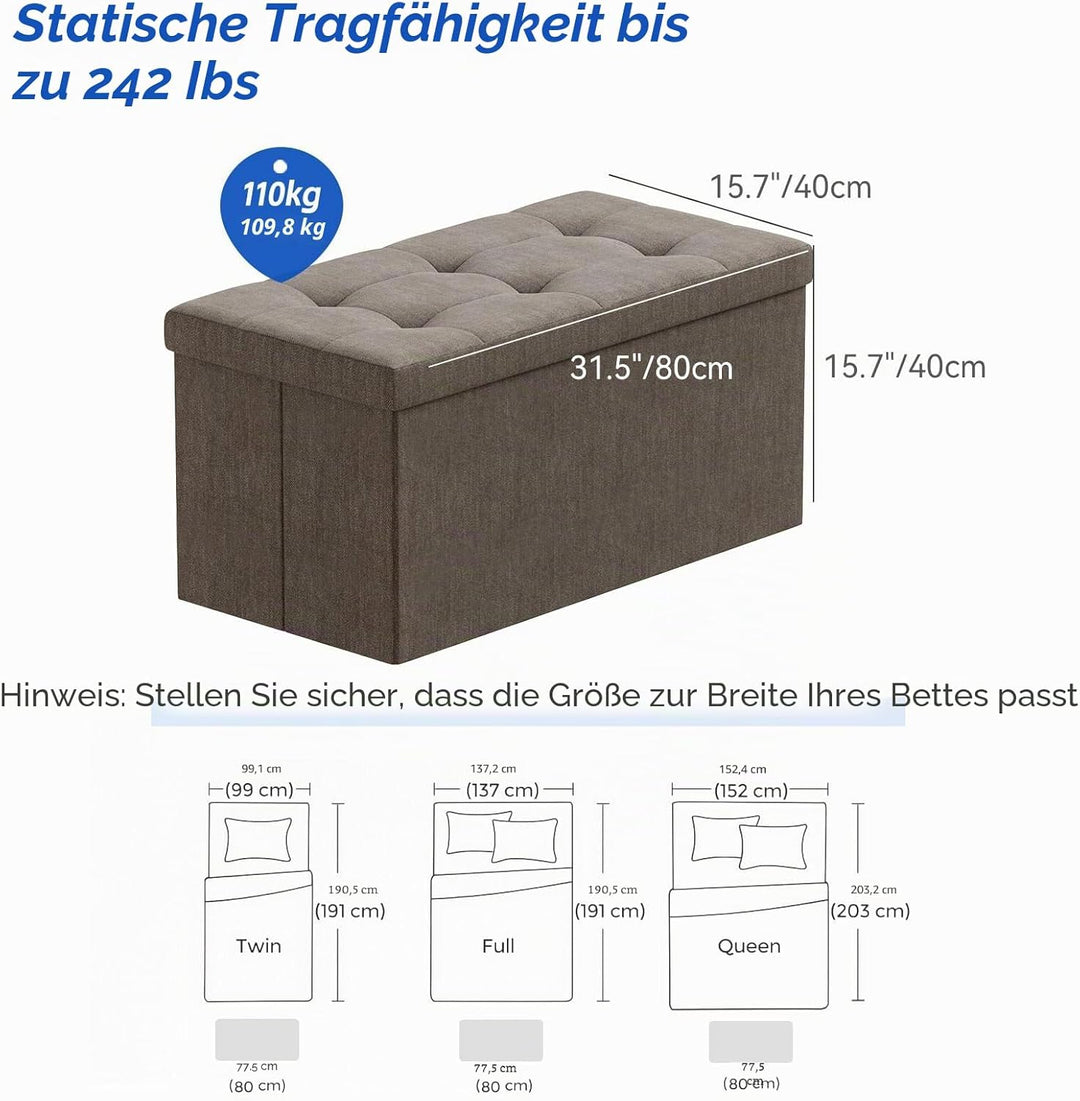 BRIAN & DANY Faltbarer sitzhocker Leinen Sitzbank mit Stauraum, Braun, 76 x 38 x 38cm, Braun