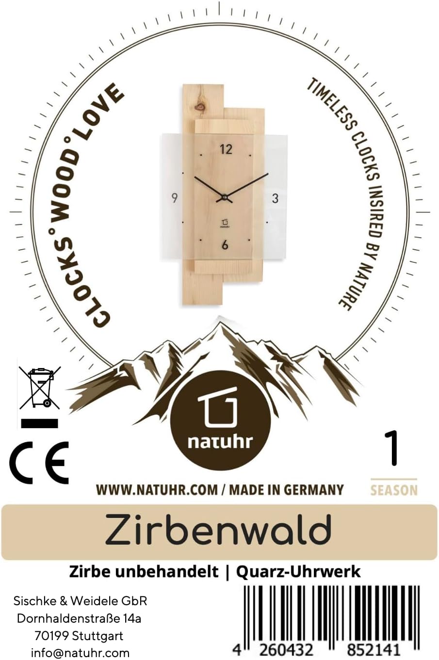 Natuhr Wanduhr Holz Zirbenwald geräuscharm Zirbe Massivholz Mineralglas U.T.S. Uhrwerk (Zirbenholz,