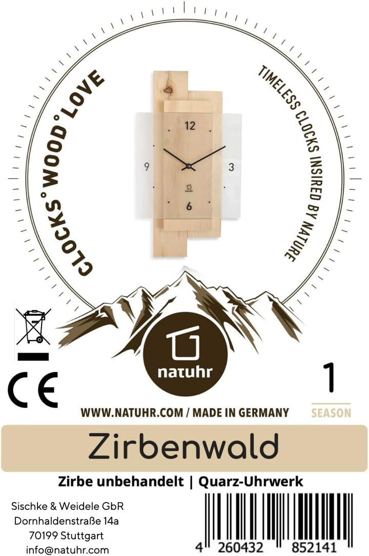 Natuhr Wanduhr Holz Zirbenwald geräuscharm Zirbe Massivholz Mineralglas U.T.S. Uhrwerk (Zirbenholz,
