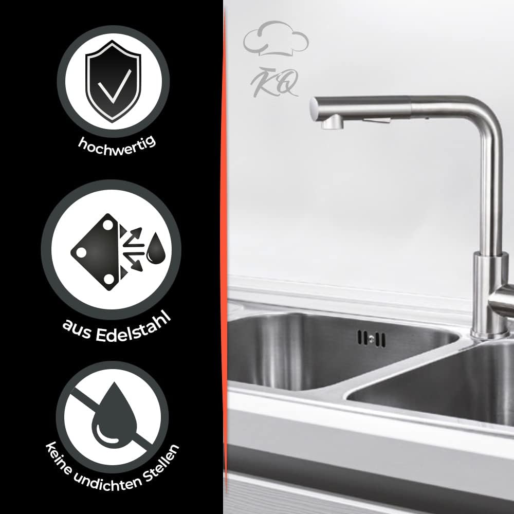 KitchenQuality Küchenarmatur | Ausziehbare Brause | 360° Grad schwenkbar | Gebürsteter Edelstahl | V