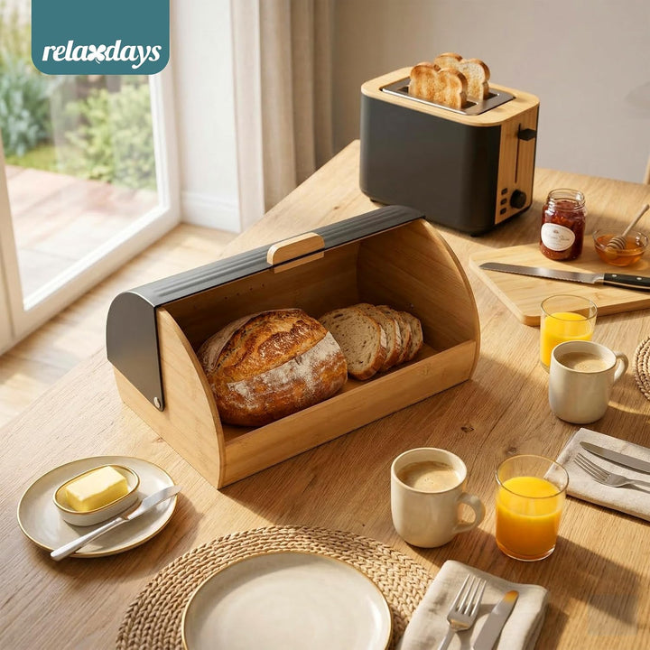 Relaxdays Brotkasten Bambus mit Klappdeckel, Brotaufbewahrung, HxBxT: 19 x 37,5 x 26,5 cm, Brotconta
