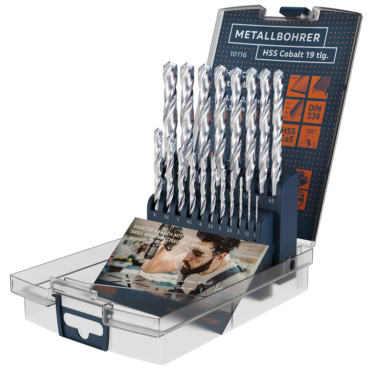 Presch Metallbohrer Set HSS Cobalt 19-tlg - Edelstahl Bohrersatz - Hochwertiges Bohrer Set für Metal