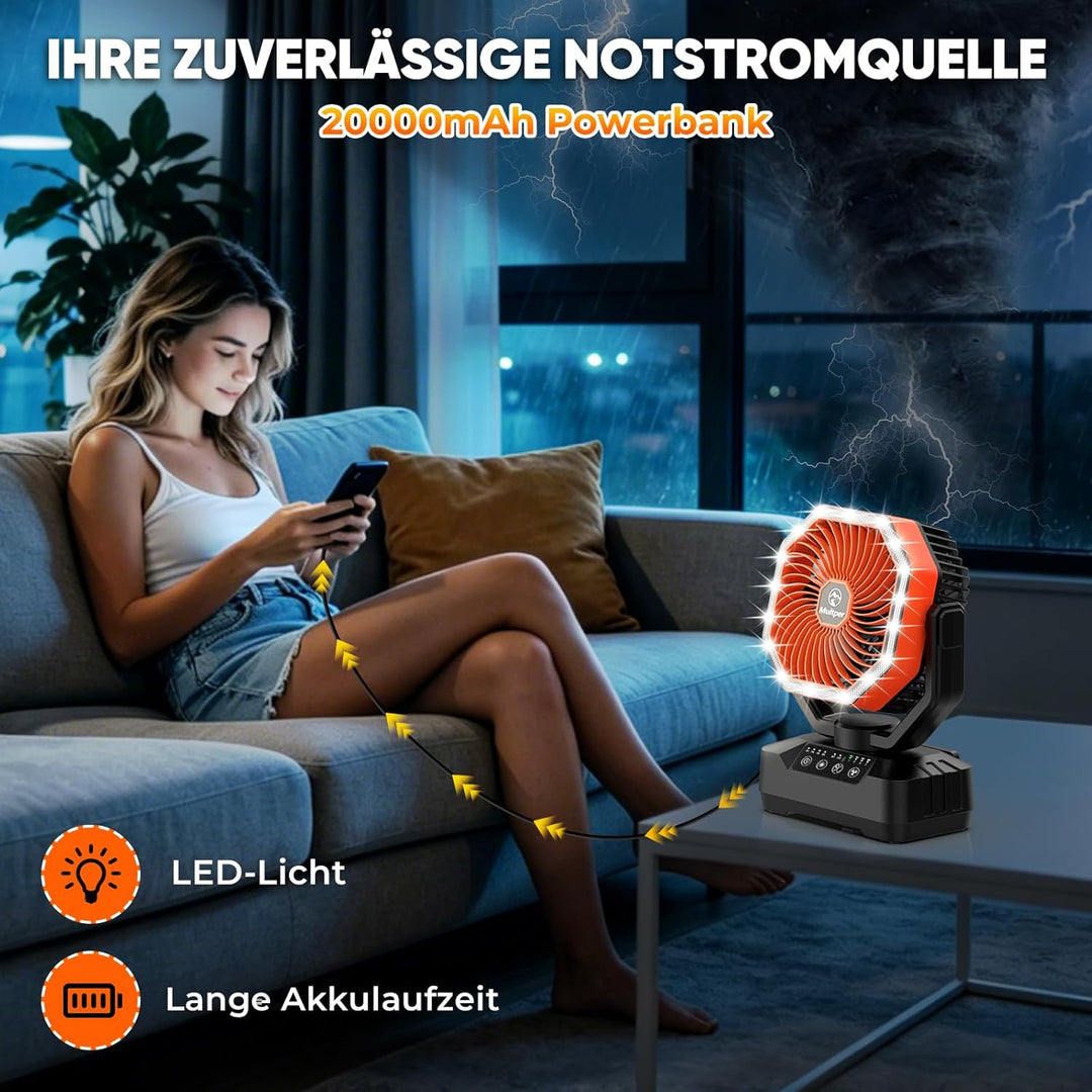 Multper 20000mAh Akku Camping Ventilator mit Fernbedienung & LED Licht, USB Ventilator leise mit Tim