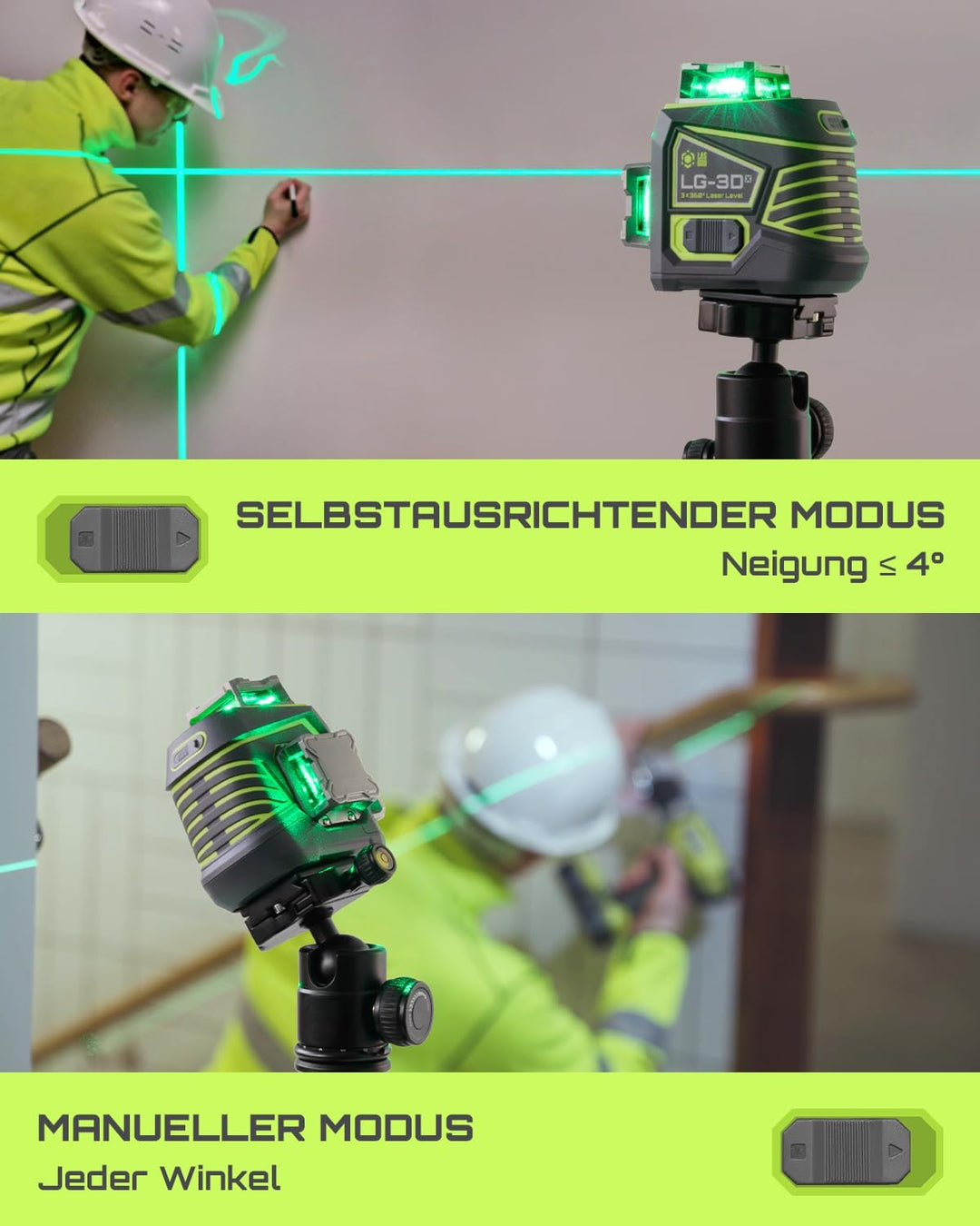 LasGoo Kreuzlinienlaser Selbstnivellierend 3 x 360°, Grüne 3D Laser-Wasserwaage für Konstruktion und